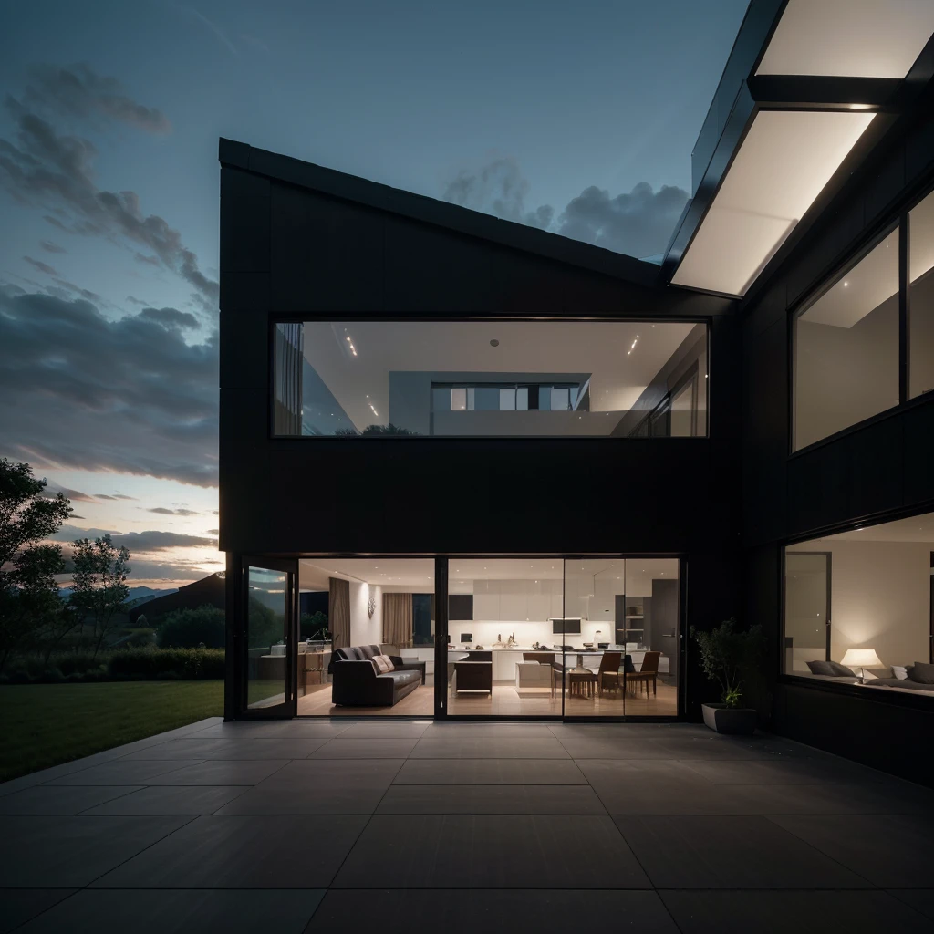 mordenhouse, house, glass house with a sloping roof, modern, dynamic (RAW photo, real, best quality, masterpiece:1.2), (hyper realistic, photo-realistic:1.2), high quality, (dark lighting:1.2), perfect lighting, archdaily