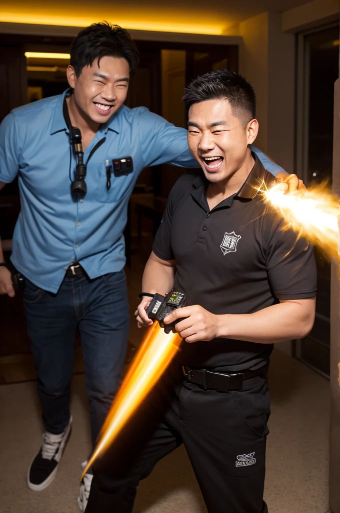 A man with a big smile applies a stun gun to someone