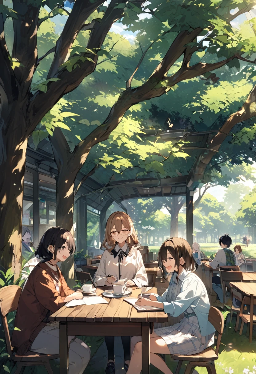 wood、Grass、An open cafe surrounded by flowers オープンカフェで大peopleや子供が勉強や仕事をしている。Natural daylight、people々are smiling happily and talking peopleは5peopleくらい座っている There is a long desk There is also a dog An open-air cafe in the middle of nature The sunlight pours in The is studying Adults are working 大peopleと子供が話をしている 大peopleと子供は笑顔 子供はの男の子opleと女の子2pee 20歳の男性と女性1peopleずついる There is a 40-year-old woman