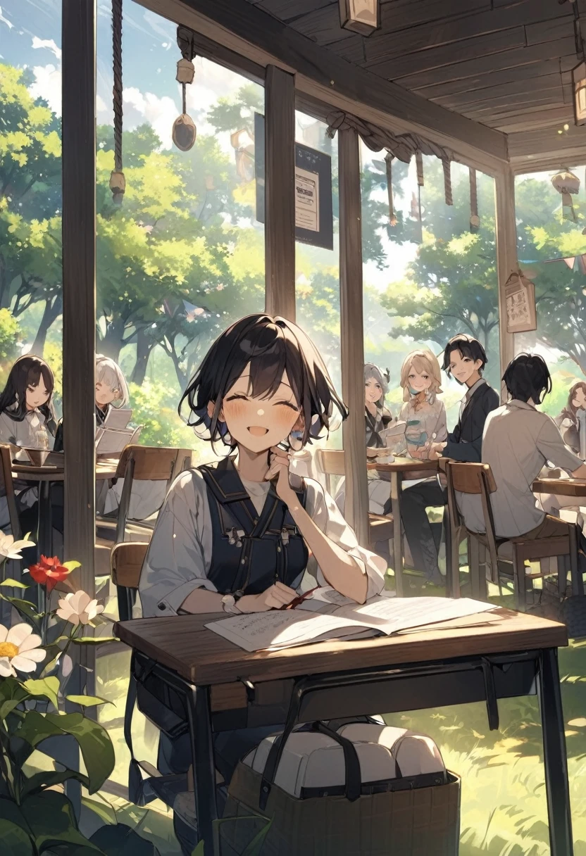 wood、Grass、An open cafe surrounded by flowers オープンカフェで大peopleや子供が勉強や仕事をしている。Natural daylight、people々are smiling happily and talking peopleは5peopleくらい座っている There is a long desk There is also a dog An open-air cafe in the middle of nature The sunlight pours in The is studying Adults are working 大peopleと子供が話をしている 大peopleと子供は笑顔 子供はの男の子opleと女の子2pee 20歳の男性と女性1peopleずついる There is a 40-year-old woman