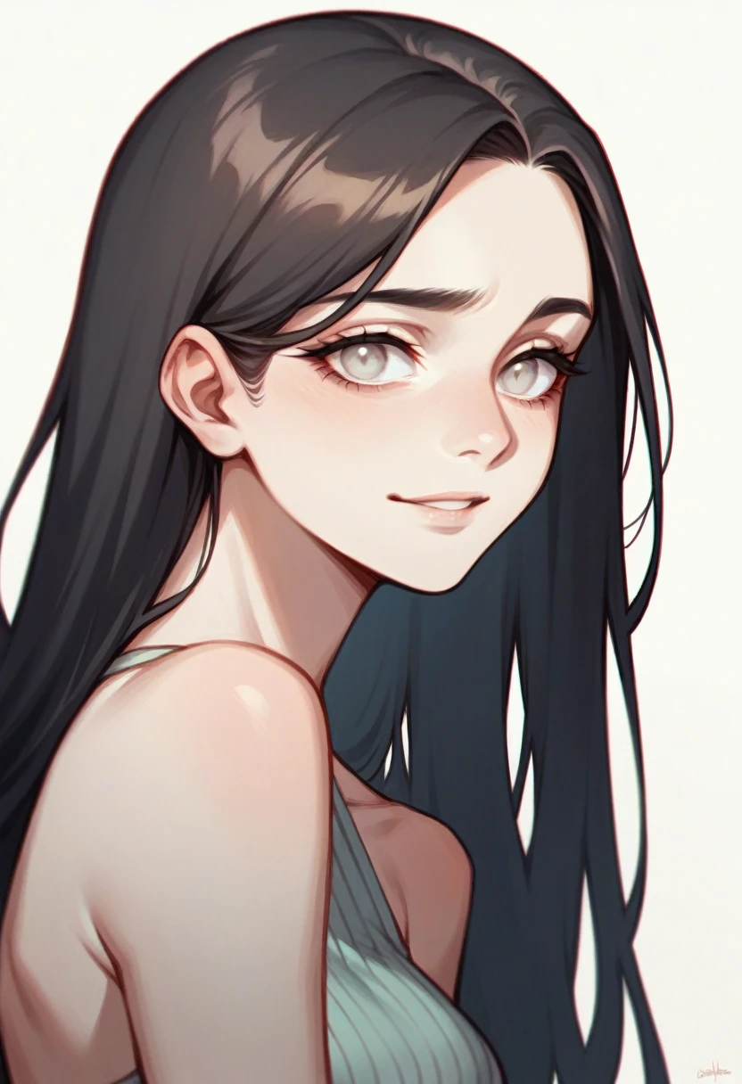 Girl with a gentle and sad smile, black like the night long hair (remove the orange from her hair) and completely white eyes