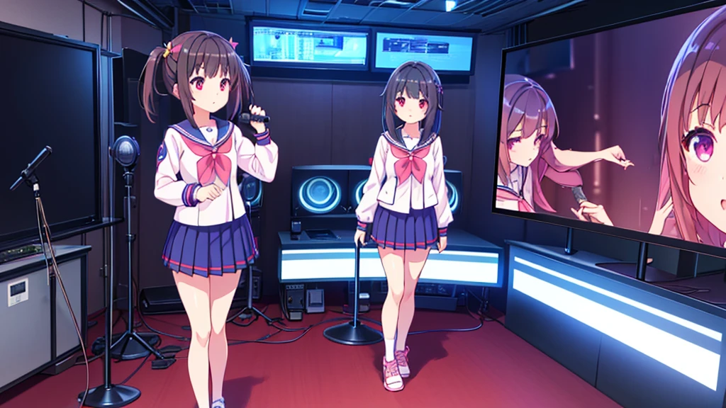 beautiful girl incredible quality 4k vtuber with red eyes black hair with pink ribbon short pleated skirt sailor style blouse long sleeve white long stockings pink tennis shoes with black vtuber youtuber in recording studio room pc gamer background with microphone and rgb cyberpunk LED lights
