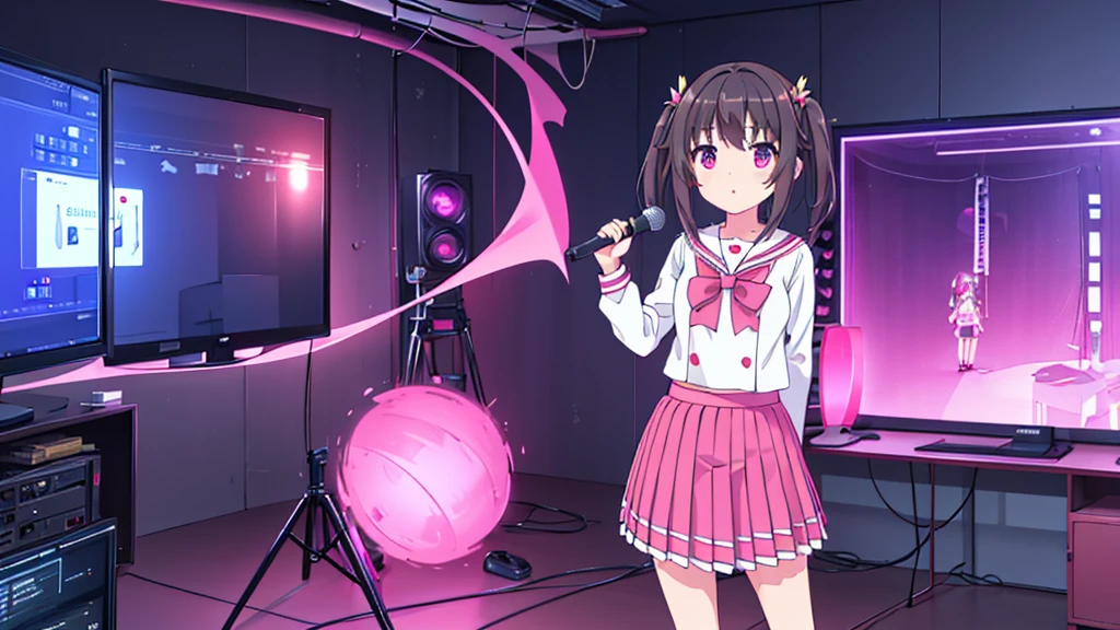 beautiful girl incredible quality 4k vtuber with red eyes black hair with pink ribbon short pleated skirt sailor style blouse long sleeve white long stockings pink tennis shoes with black vtuber youtuber in recording studio room pc gamer background with microphone and rgb cyberpunk LED lights
