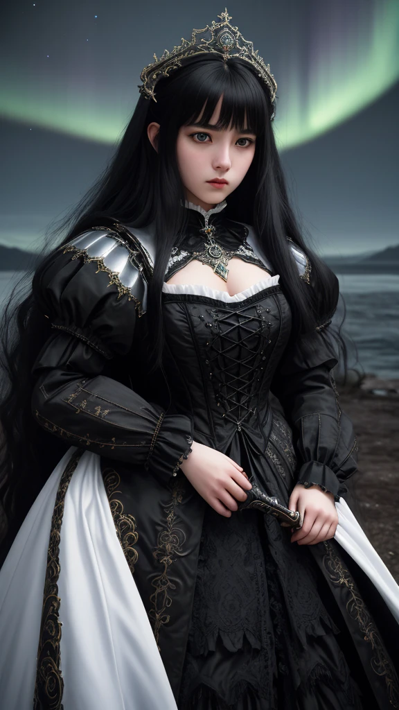 Masterpiece, fantasy art, age girl, long black Victorian hair, knight's island costume, formidable, fierce expression, with white aurora, fantasy castle background, baroque elements, baroque elements A, 30k, 3D, intricate clothing details, perfect lighting, cinematic lighting, sharp focus, HDR, highly detailed composition.