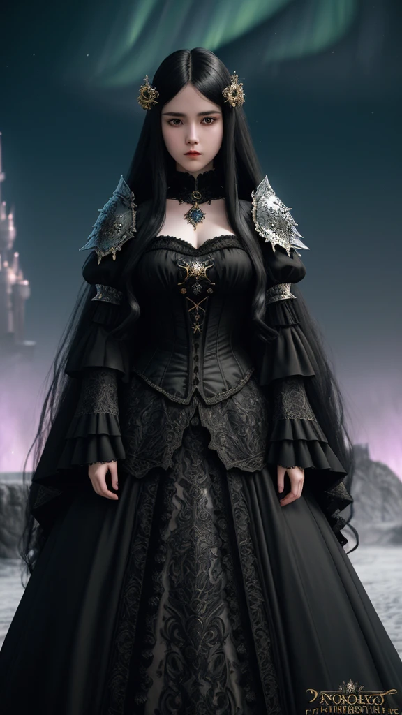 Masterpiece, fantasy art, teenage girl, long black Victorian hair, knight's island costume, formidable, fierce expression, with white aurora, fantasy castle background, baroque elements, baroque elements A, 30k, 3D, intricate clothing details, perfect lighting, cinematic lighting, sharp focus, HDR, highly detailed composition.