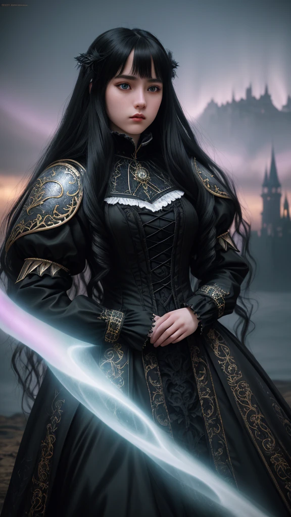 Masterpiece, fantasy art, teenage girl, long black Victorian hair, knight's island costume, formidable, fierce expression, with white aurora, fantasy castle background, baroque elements, baroque elements A, 30k, 3D, intricate clothing details, perfect lighting, cinematic lighting, sharp focus, HDR, highly detailed composition.