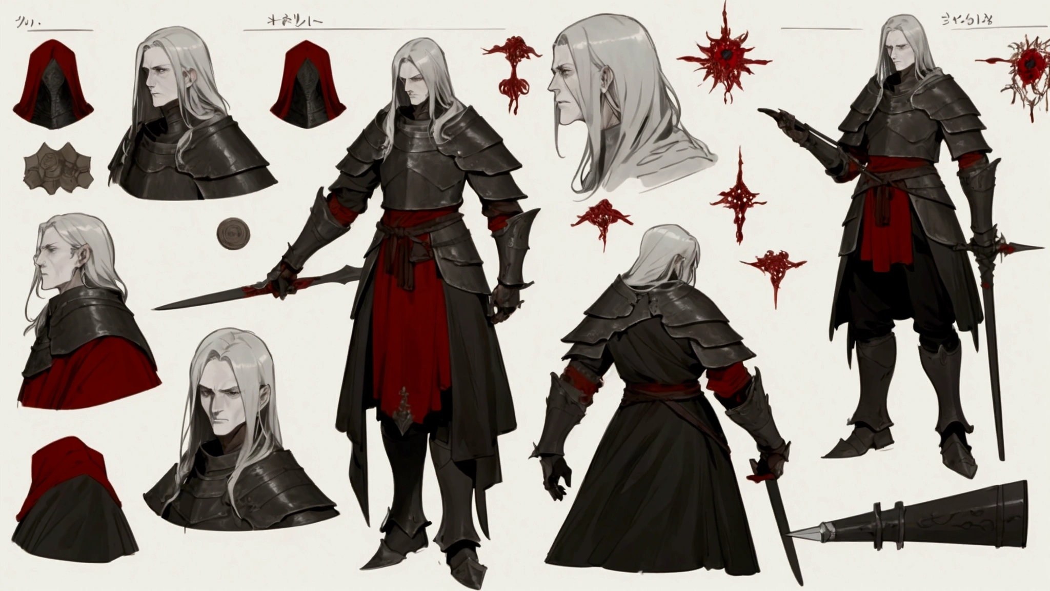 elden ring, dark souls, concept art sheet, items, weapons: A weigtless starved king who wields steam and wears red armor.