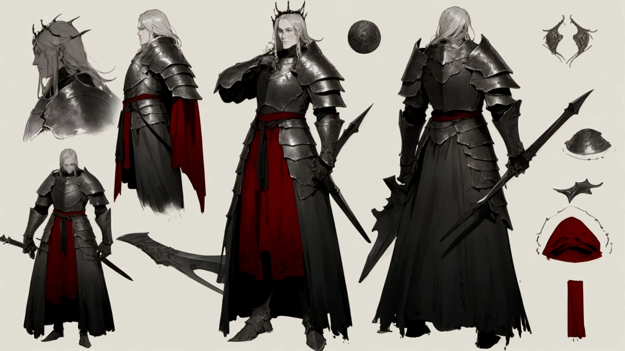 elden ring, dark souls, concept art sheet, items, weapons: A weigtless starved king who wields steam and wears red armor.