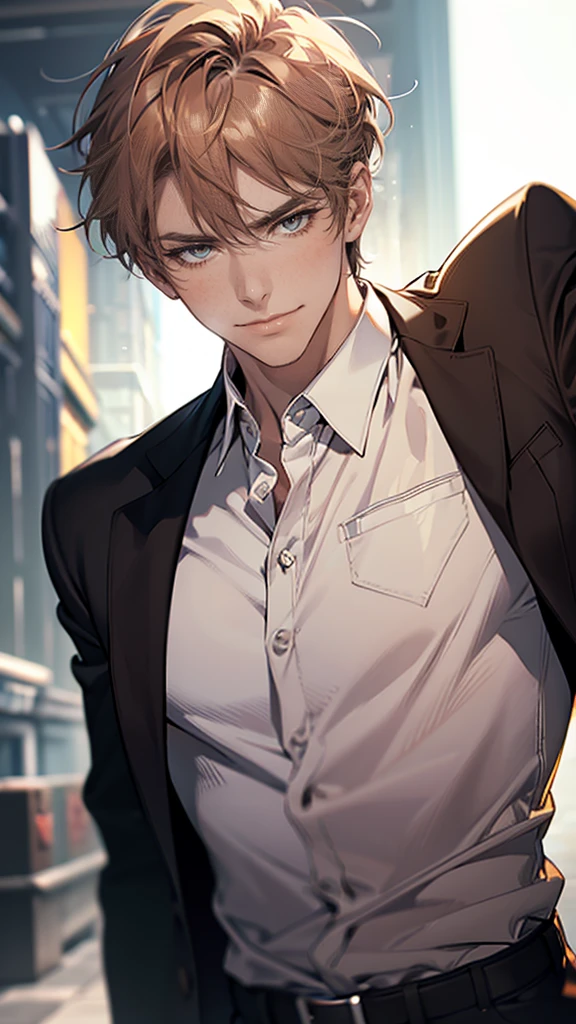 (tmasterpiece, high resolution, ultra - detailed:1.0), (1 male, masculine face, 31 years, CEO), Perfect male body, tall and strong, Adult male, Delicate eyes and delicate face, Extremely detailed CG, Unity 8k wallpaper, Complicated details, Detailed face, (short brown hair, short hair, smile in love faces, blur eyes, white shirts,), (frown, smile in love:1.3), stad in corporativo, empresa, escritório style, color difference, Depth of field, dramatic shadow, Ray tracing, Best quality, Cinematic lighting, offcial art,Portrait
