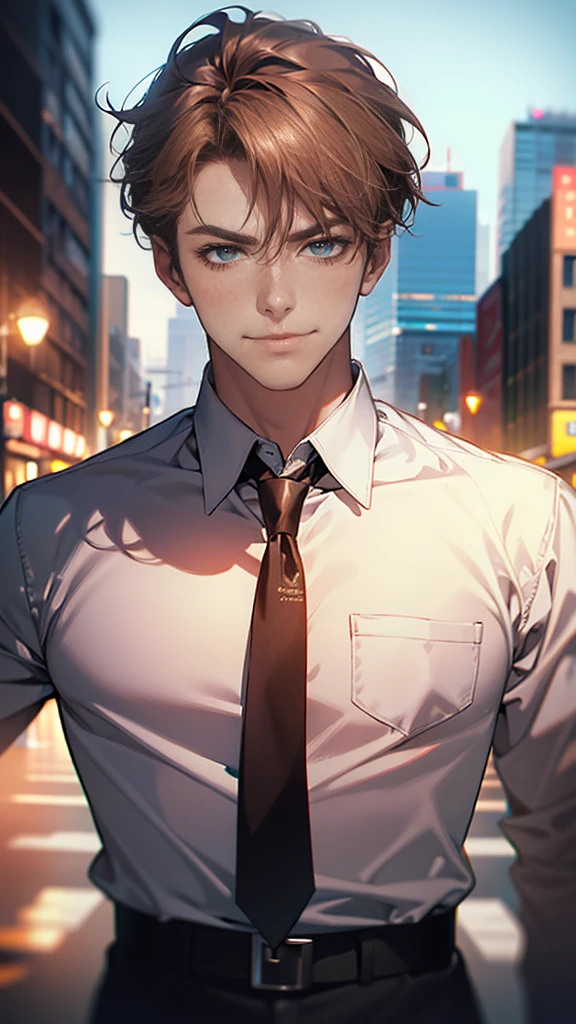 (tmasterpiece, high resolution, ultra - detailed:1.0), (1 male, masculine face, 31 years, CEO), Perfect male body, tall and strong, Adult male, Delicate eyes and delicate face, Extremely detailed CG, Unity 8k wallpaper, Complicated details, Detailed face, (short brown hair, short  hair, smile in love faces, blur eyes, white shirts,), (frown, smile in love:1.3), stad in corporativo, empresa, escritório style, color difference, Depth of field, dramatic shadow, Ray tracing, Best quality, Cinematic lighting, offcial art,Portrait