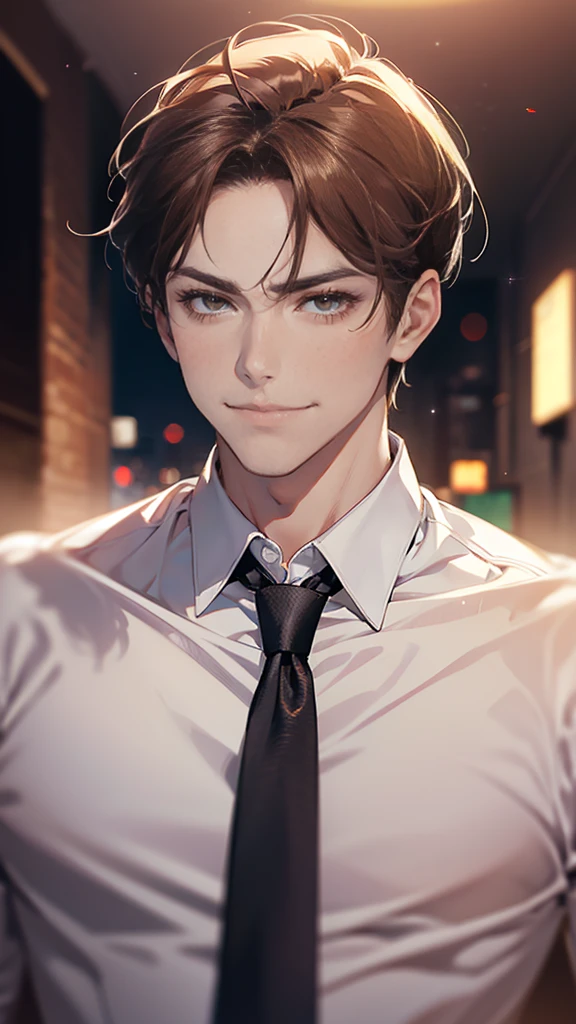 (tmasterpiece, high resolution, ultra - detailed:1.0), (1 male, masculine face, 31 years, CEO), Perfect male body, tall and strong, Adult male, Delicate eyes and delicate face, Extremely detailed CG, Unity 8k wallpaper, Complicated details, Detailed face, (short brown hair, short hair, smile in love faces, blur eyes, white shirts,), (frown, smile in love:1.3), stad in corporativo, empresa, escritório style, color difference, Depth of field, dramatic shadow, Ray tracing, Best quality, Cinematic lighting, offcial art,Portrait