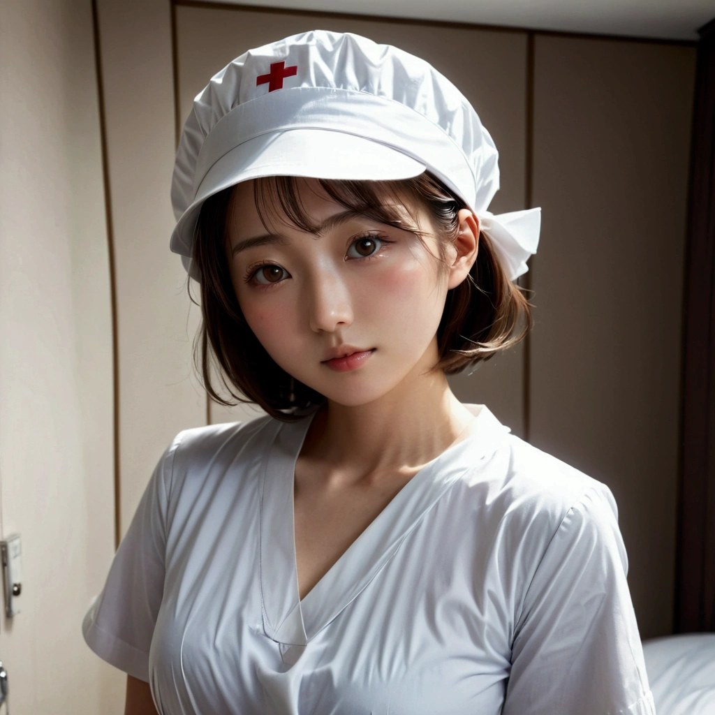 (Highest quality, 8K, 32k, masterpiece, Hmm.:1.2),Beautiful Japanese Women Photos, 1 Girl, (Medium short dark brown hair), (Flat chest like a child 1.2), double eyelid, White nurse uniform, Little white nurse (cap), White shirt, Open shirt, hospital, hospital room, Upper Body, 