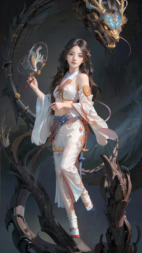 Official Art, Unified 8K Wallpapers, Ultra Detailed, Beautiful and Aesthetic, Masterpiece, Best Quality, (Zentangle, Tangle, Entangle), (fractal art: 1.4), (character center: 1.3), 1girl, black hair, Chinese, off-the-shoulders, short skirt, calf, navel, very detailed, dynamic angle, cowboyshot, (most beautiful form of chaos), ethereal, (bright colors), oc, (half: 1.2), china, (thangka flying sky: 1.5), (ribbon: 1.3), (dream: 1.5), (hanfu: 1.5), Chinese dragon, Chinese phoenix, (smile: 0.5), ( Chinese deities),
