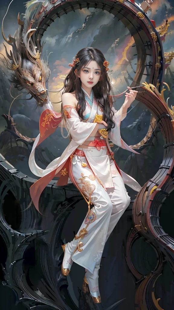 Official Art, Unified 8K Wallpapers, Ultra Detailed, Beautiful and Aesthetic, Masterpiece, Best Quality, (Zentangle, Tangle, Entangle), (fractal art: 1.4), (character center: 1.3), 1girl, black hair, Chinese, off-the-shoulders, short skirt, calf, navel, very detailed, dynamic angle, cowboyshot, (most beautiful form of chaos), ethereal, (bright colors), oc, (half: 1.2), china, (thangka flying sky: 1.5), (ribbon: 1.3), (dream: 1.5), (hanfu: 1.5), Chinese dragon, Chinese phoenix, (smile: 0.5), ( Chinese deities),