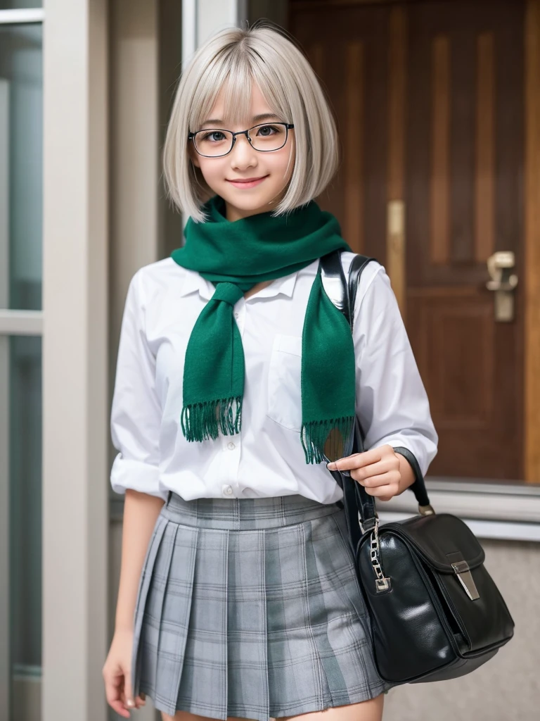 1 girl, beautiful girl, cute girl and idol face, smile, short and bob cut hair, shiny silver hair, antenna hair , beautiful green, eyes, white skin, beautiful body, black-rimmed glasses, Japanese High School Girls' Uniforms, red scarf, Schools, schoolyards, and commuting, school bag