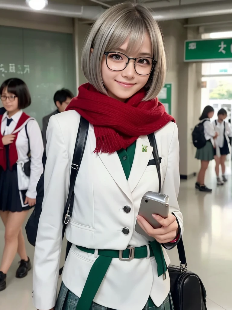 1 girl, beautiful girl, cute girl and idol face, smile, short and bob cut hair, shiny silver hair, antenna hair , beautiful green, eyes, white skin, beautiful body, black-rimmed glasses, Japanese High School Girls' Uniforms, red scarf, Schools, schoolyards, and commuting, school bag 