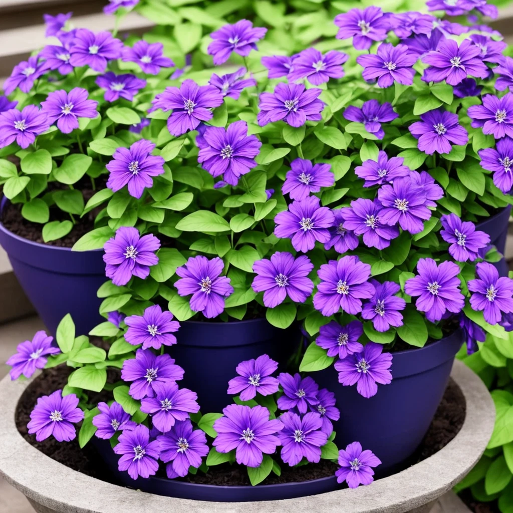 purple flowers in a pot on a patio with a blue planter, purple foliage, blue and purple plants, dark purple tones, some purple, cobalt coloration, violet, dark purple, purple, purples, purple hues, violet polsangi, second colours - purple, more dark purple color scheme, dark purple blue tones, dark purple scheme, violet colors