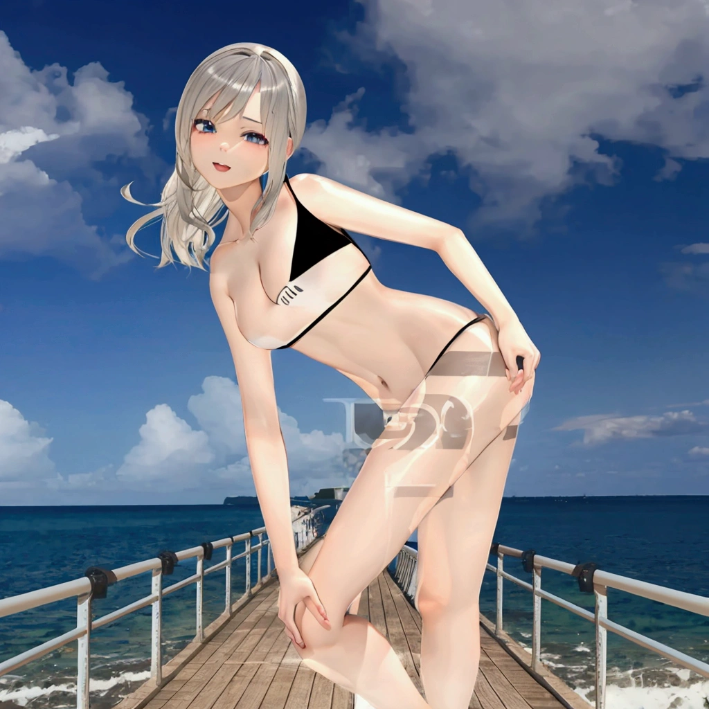 anime girl in a bikini on a pier by the ocean, realistic bikini, clothing: bikini, 3d anime girl, render of a cute 3d anime girl, Smooth anime CG art, Pause, , フルPause, Live2D Virtual Youtuber Model, in the sea, Wearing a swimsuit, 淫らなPause, ビーチでPauseをとる