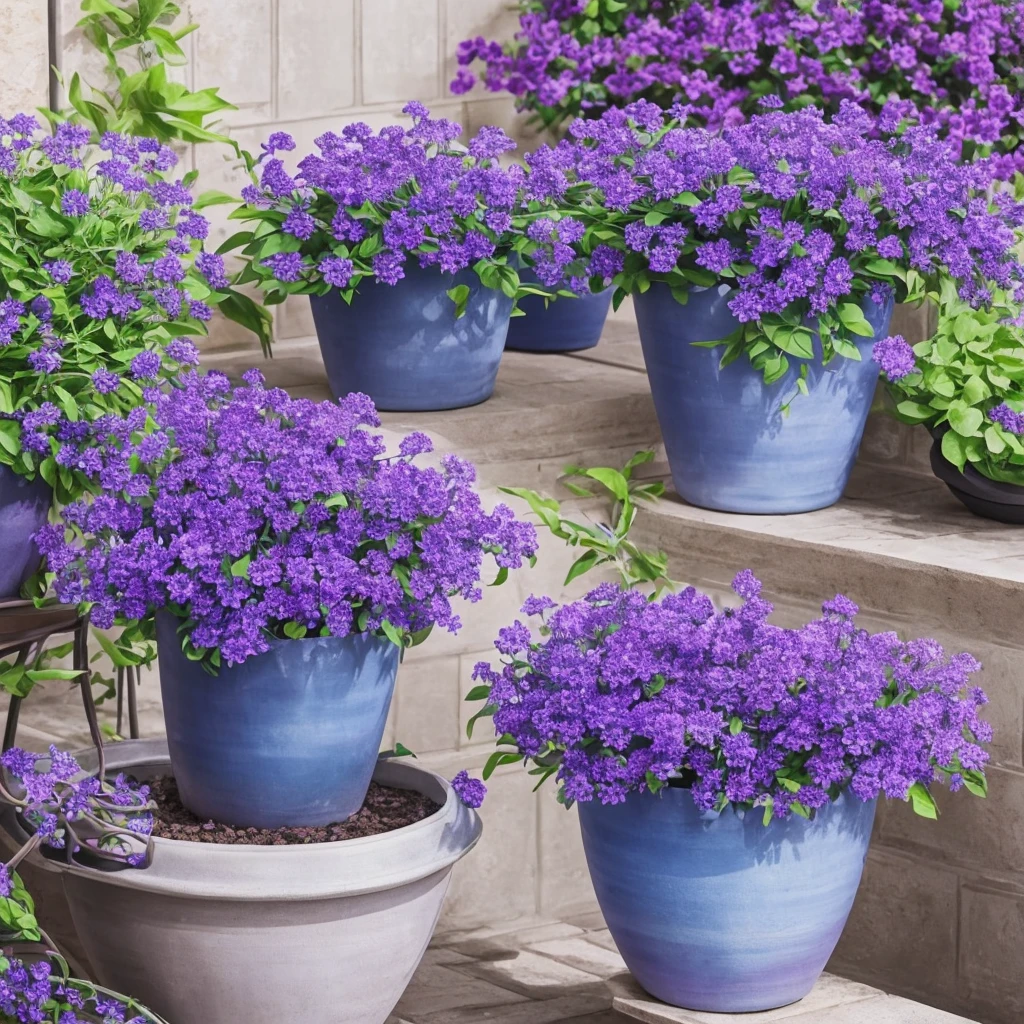 purple flowers in a pot on a patio with a blue planter, a pastel by Ann Thetis Blacker, tumblr, sōsaku hanga, purple foliage, blue and purple plants, dark purple tones, some purple, cobalt coloration, violet, dark purple, purple, purples, purple hues, violet polsangi, second colours - purple