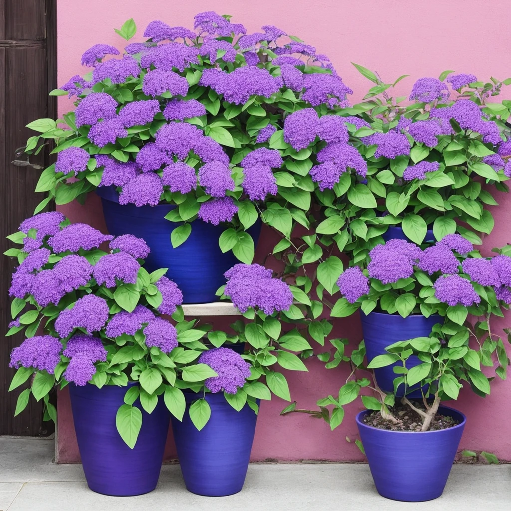 purple flowers in a pot on a patio with a blue planter, a pastel by Ann Thetis Blacker, tumblr, sōsaku hanga, purple foliage, blue and purple plants, dark purple tones, some purple, cobalt coloration, violet, dark purple, purple, purples, purple hues, violet polsangi, second colours - purple