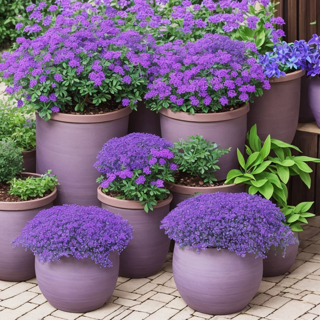 purple flowers in a pot on a patio with a blue planter, a pastel by Ann Thetis Blacker, tumblr, sōsaku hanga, purple foliage, blue and purple plants, dark purple tones, some purple, cobalt coloration, violet, dark purple, purple, purples, purple hues, violet polsangi, second colours - purple