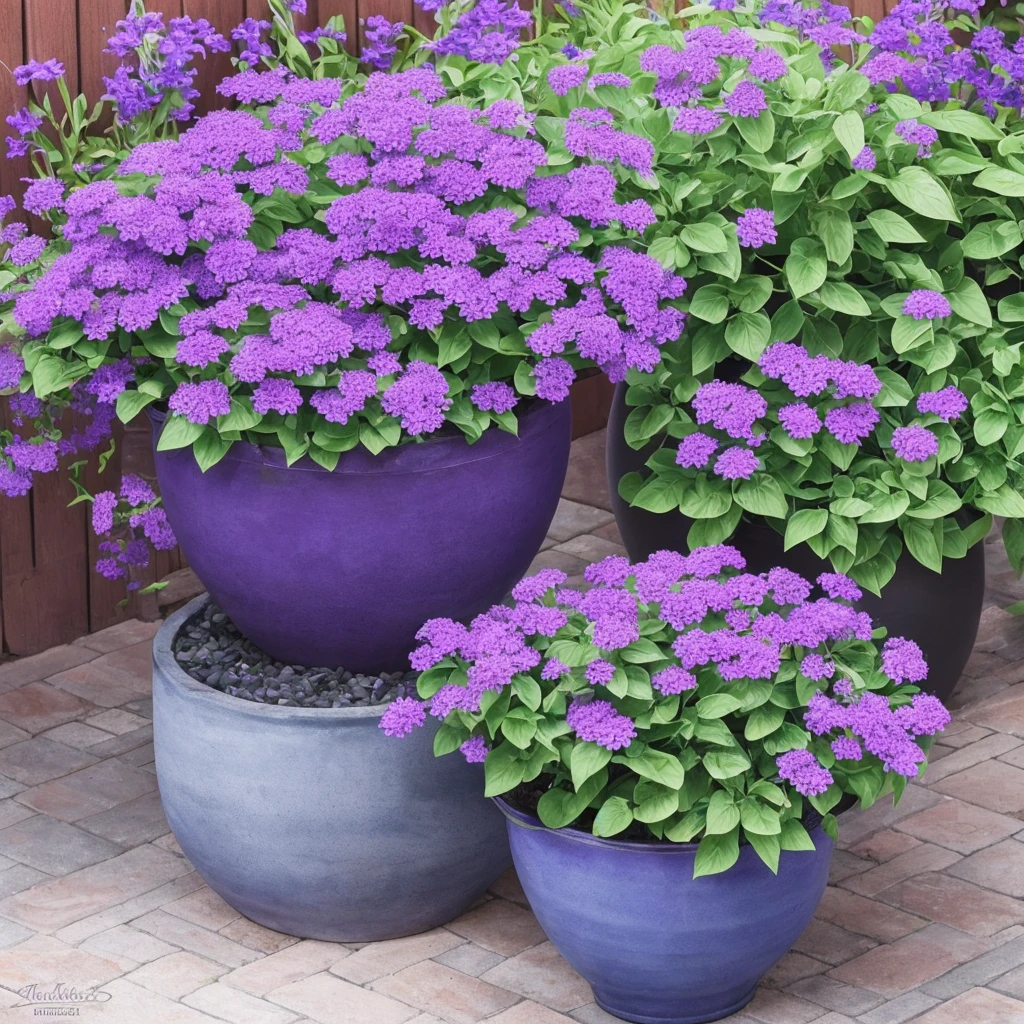 purple flowers in a pot on a patio with a blue planter, a pastel by Ann Thetis Blacker, tumblr, sōsaku hanga, purple foliage, blue and purple plants, dark purple tones, some purple, cobalt coloration, violet, dark purple, purple, purples, purple hues, violet polsangi, second colours - purple