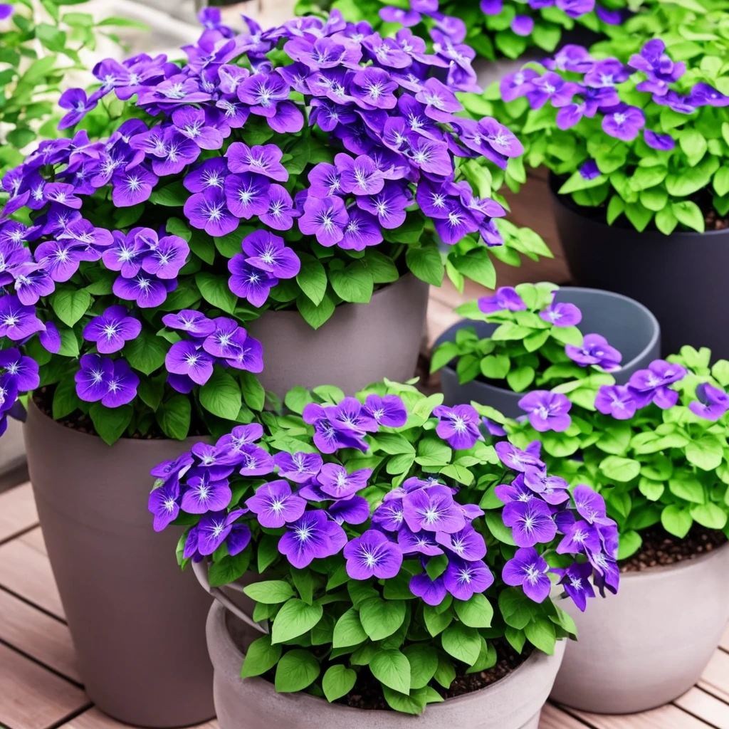 purple flowers in a pot on a patio with a blue planter, purple foliage, blue and purple plants, dark purple tones, some purple, cobalt coloration, violet, dark purple, purple, purples, purple hues, violet polsangi, second colours - purple, more dark purple color scheme, dark purple blue tones, dark purple scheme, violet colors