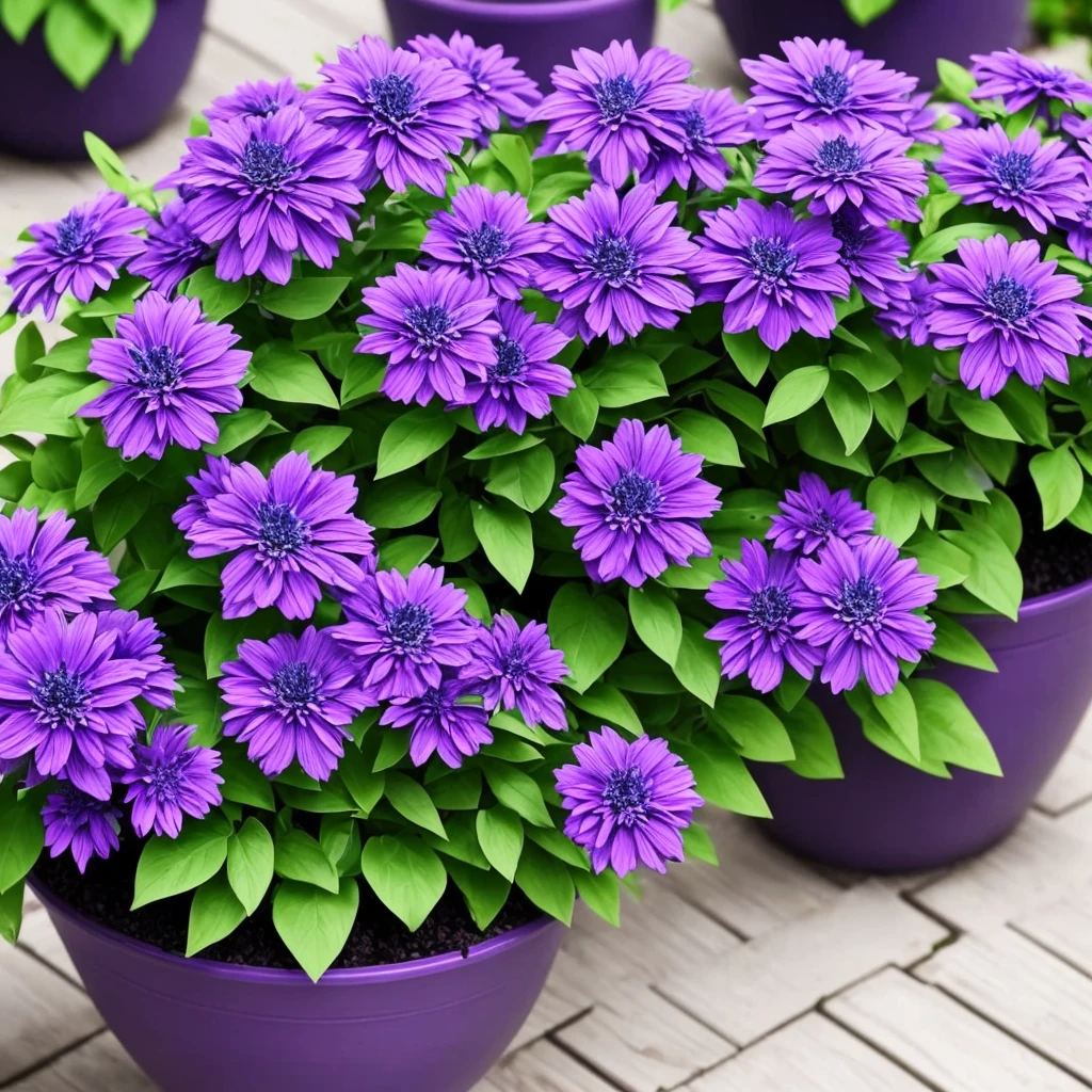 purple flowers in a pot on a patio with a blue planter, purple foliage, blue and purple plants, dark purple tones, some purple, cobalt coloration, violet, dark purple, purple, purples, purple hues, violet polsangi, second colours - purple, more dark purple color scheme, dark purple blue tones, dark purple scheme, violet colors