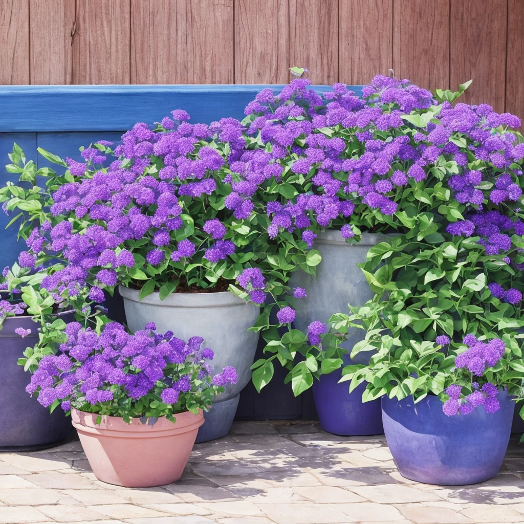 purple flowers in a pot on a patio with a blue planter, a pastel by Ann Thetis Blacker, tumblr, sōsaku hanga, purple foliage, blue and purple plants, dark purple tones, some purple, cobalt coloration, violet, dark purple, purple, purples, purple hues, violet polsangi, second colours - purple
