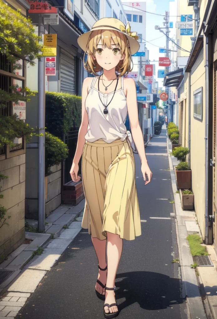 Irohaisshiki, isshiki iroha, One Woman,short hair, Brown Hair, (Brown eyes:1.5), happy smile, smile, Open your mouth,White hat,Yellow Tank Top,Locket Necklace,Long skirt,Heeled Sandals,Palm tree,True Summer,Daytime,Clear skies,Walking,whole bodyがイラストに入るように,
break outdoors,In town,Tropical,Okinawa　Kokusai Street,
break looking at viewer,whole body,
break (masterpiece:1.2), Highest quality, High resolution, unity 8k wallpaper, (figure:0.8), (Beautiful attention to detail:1.6), Highly detailed face, Perfect lighting, Highly detailed CG, (Perfect hands, Perfect Anatomy),