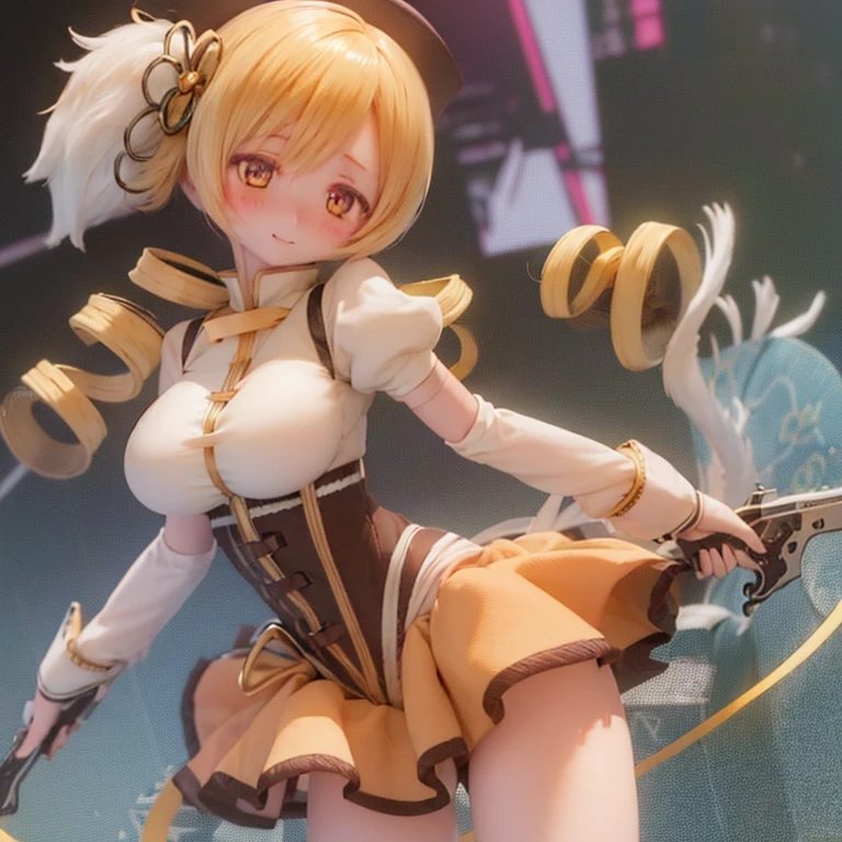 (Highest quality,ultra-detailed,masterpiece:1.2),Expressive eyes,Perfect Face,Beautiful Madoka Kaname,Pink long hair,Golden Eyes,Pink Lips,detailed,Anime Style,Vibrant colors,cute,Curvaceous and full,Blushing, Big Blonde (((Sexy pose))), Accentuate your breasts, topless、Get your gun ready?