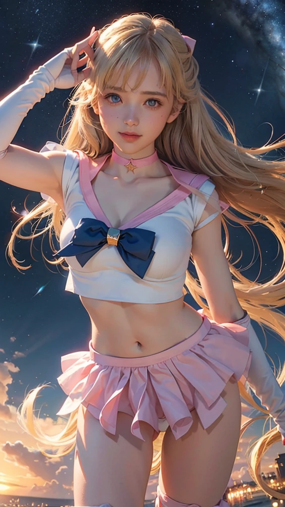 Tabletop, Highest quality, High resolution, sv1, Sailor Warrior Uniforms, Blue Skirt, Pink lace visible through a mini skirt、Bikini Pantiesantiesー, Visim under the blue hort term、Elbow Gloves, Tierra, Faltenrock, Folding a mini skirt, Pink Panties、Beautiful camlace panties、Sword White gloves, , Starry Sky, Innocent pose, Easy-going smile, Portraiture, floating, whole, whole body,Future City
