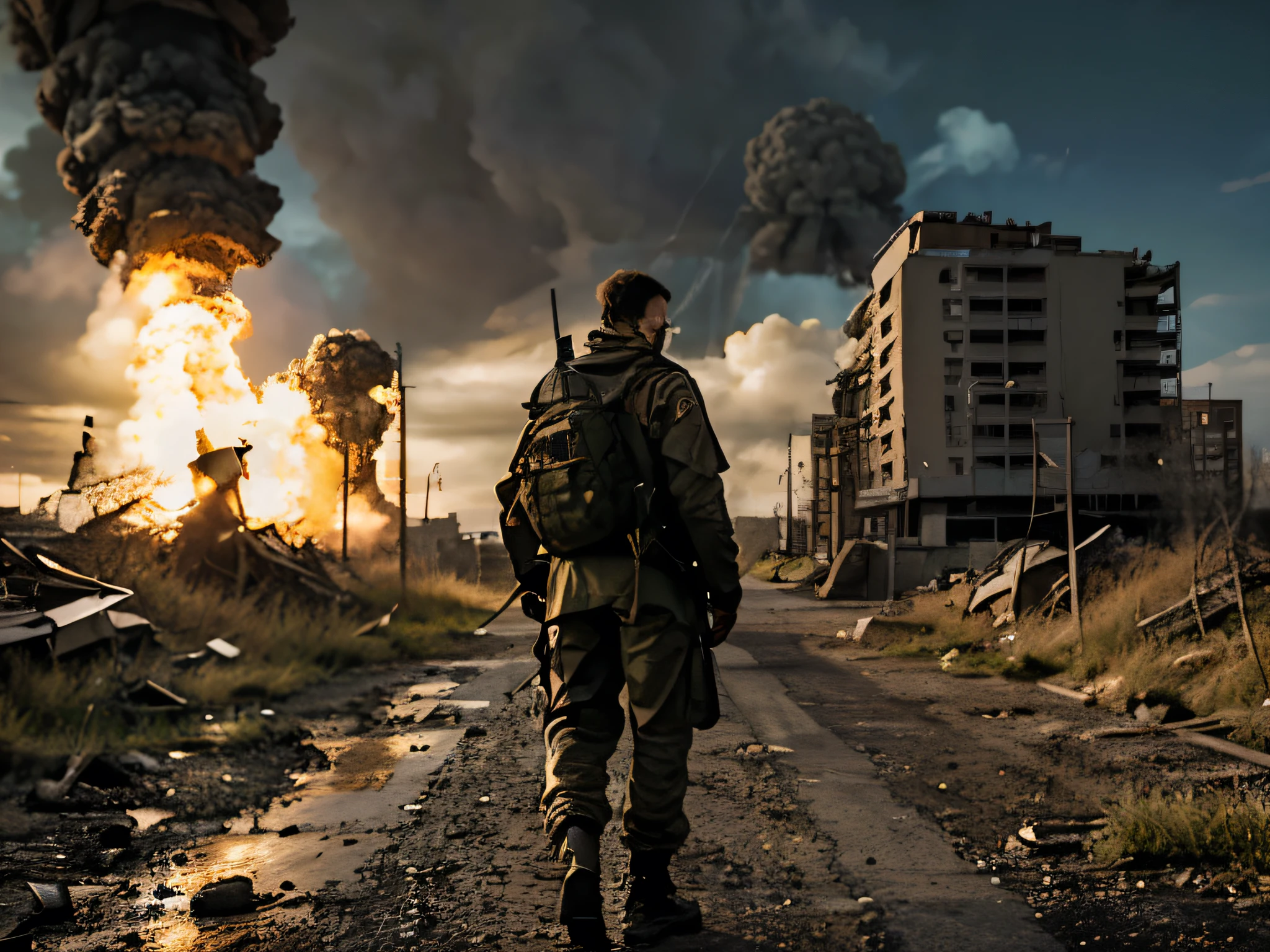 Dystopian post-apocalyptic. photorrealistic. Man dressed in khaki jacket and ocher pants. Man faces atomic bomb explosion. He is wearing a military backpack. In his right hand he is holding an AK-47. Czech nature.