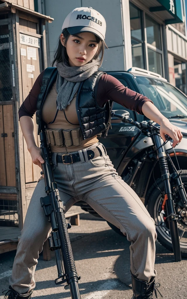 8potassium,Realistic photos、Realistic skin texture、There is a beautiful Japanese woman who is a beauty.、sit、tired、scarf、outdoor、、Bulletproof vest、With an automatic rifle、Use with caution、Backpack、wearing a baseball hat、It is dirty、Tattoo、Moving action poses、muscle、Drama、boots、Zoom out