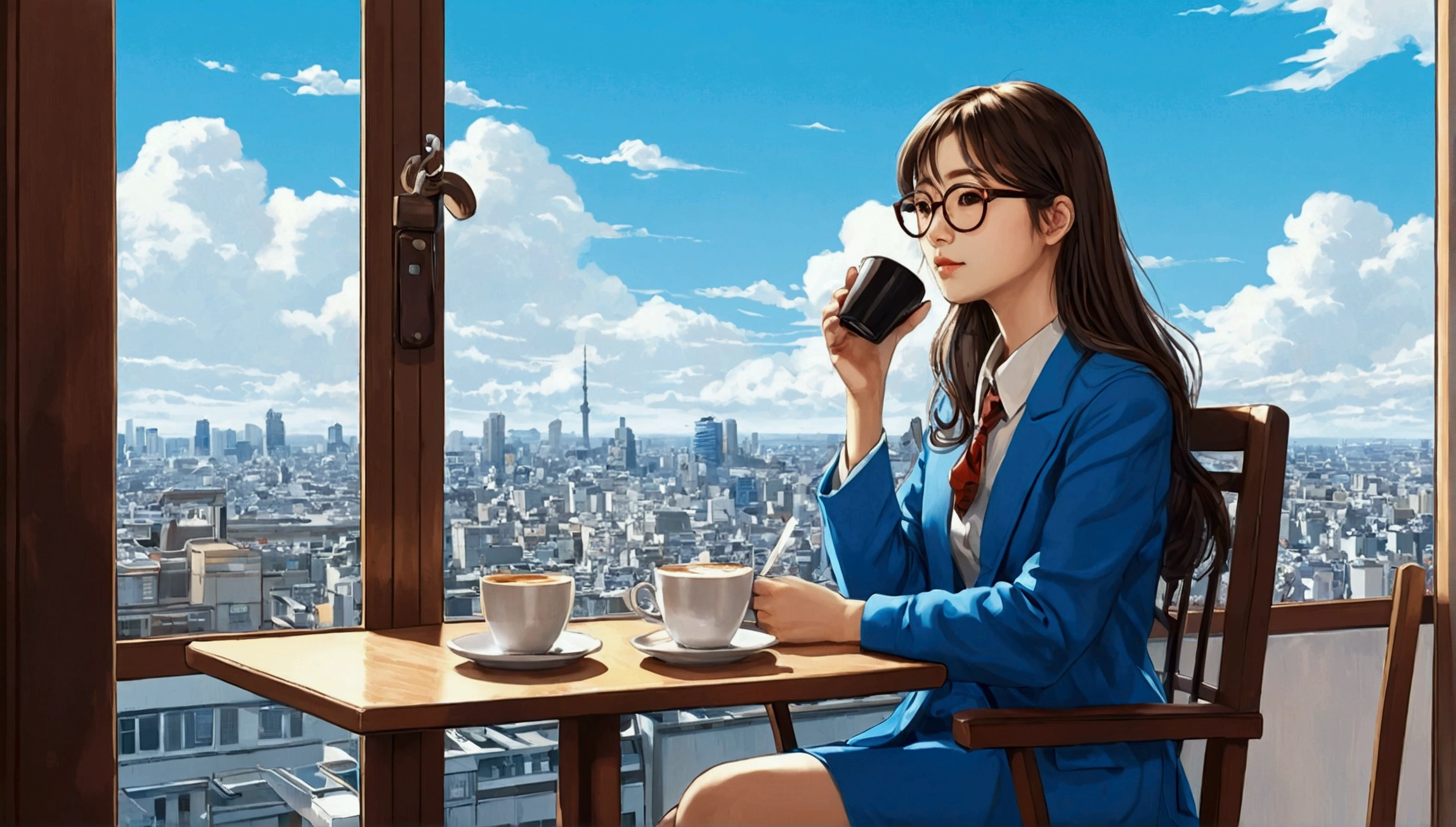 blue sky、bright、（Sit on a chair）（Drinking coffee）、（Long Hair、Woman wearing glasses、Read the novel）、（Retro painting style）,（Rough drawing style）,（Japanese anime style）,（Simple drawing）（遠くにあるアウトドアCafe）（Cafe）blue skyが見える、sunny、A large number of people々、Sunday、busy, Metropolis、European Style、fun、