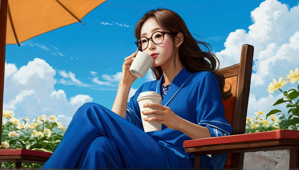 blue sky、bright、（Sit on a chair）（Drinking coffee）、（Long Hair、Woman wearing glasses、Read the novel）、（Retro painting style）,（Rough drawing style）,（Japanese anime style）,（Simple drawing）（遠くにあるアウトドアCafe）（Cafe）blue skyが見える、sunny、A large number of people々、Sunday、busy, Metropolis、European Style、fun、
