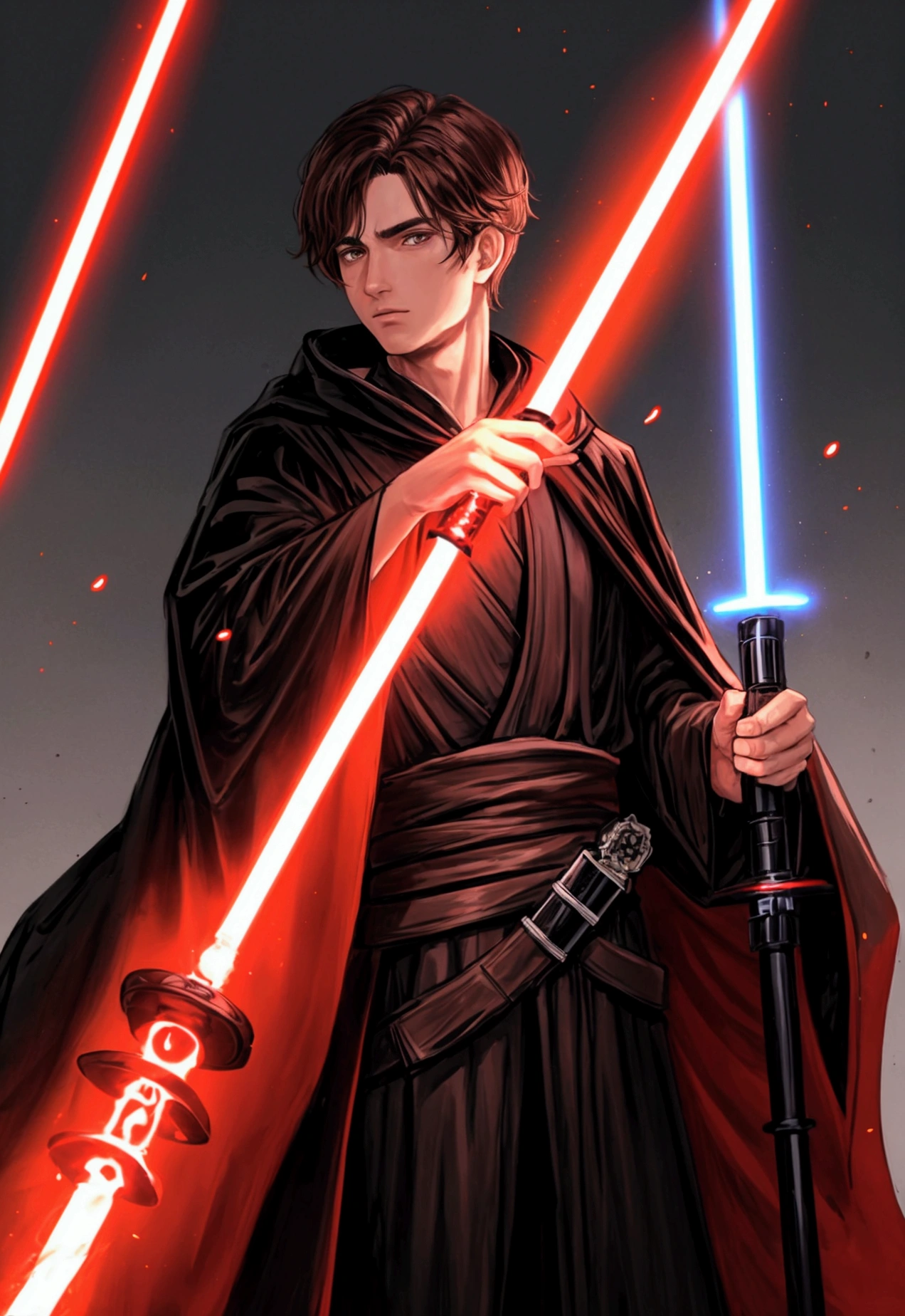 25 year old man with brown hair, brown eyes, wearing a black robe holding a red lightsaber 
