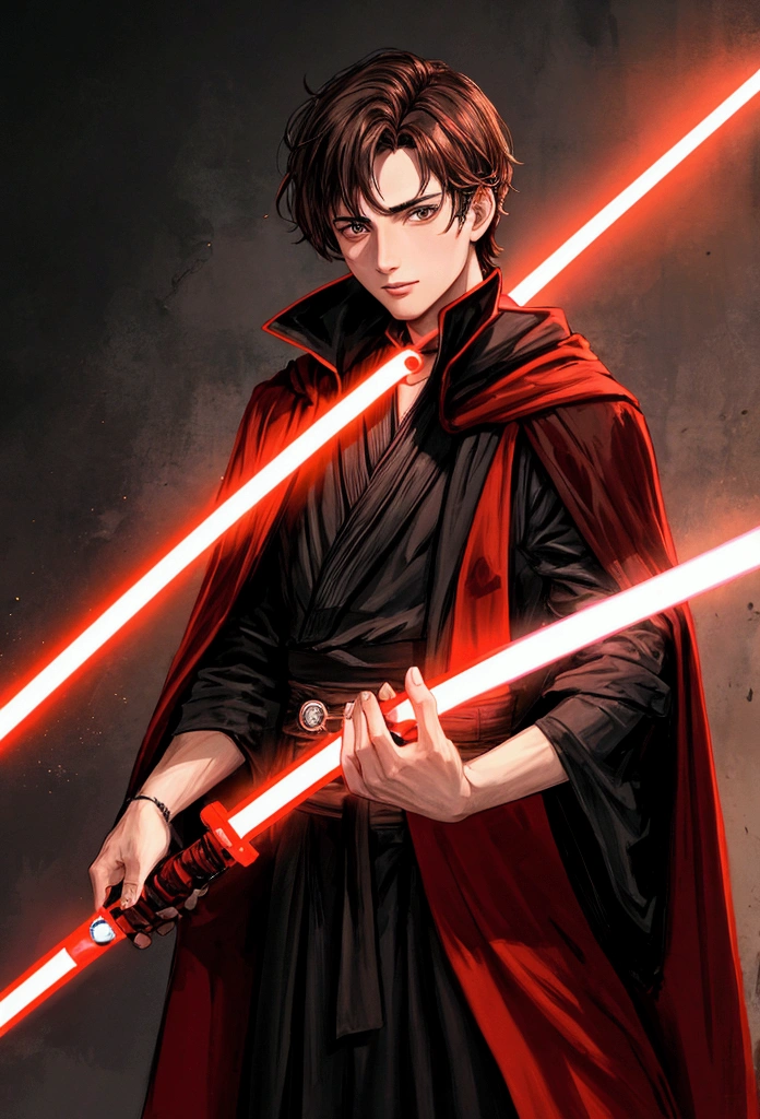 25 year old man with brown hair, brown eyes, wearing a black robe holding a red lightsaber