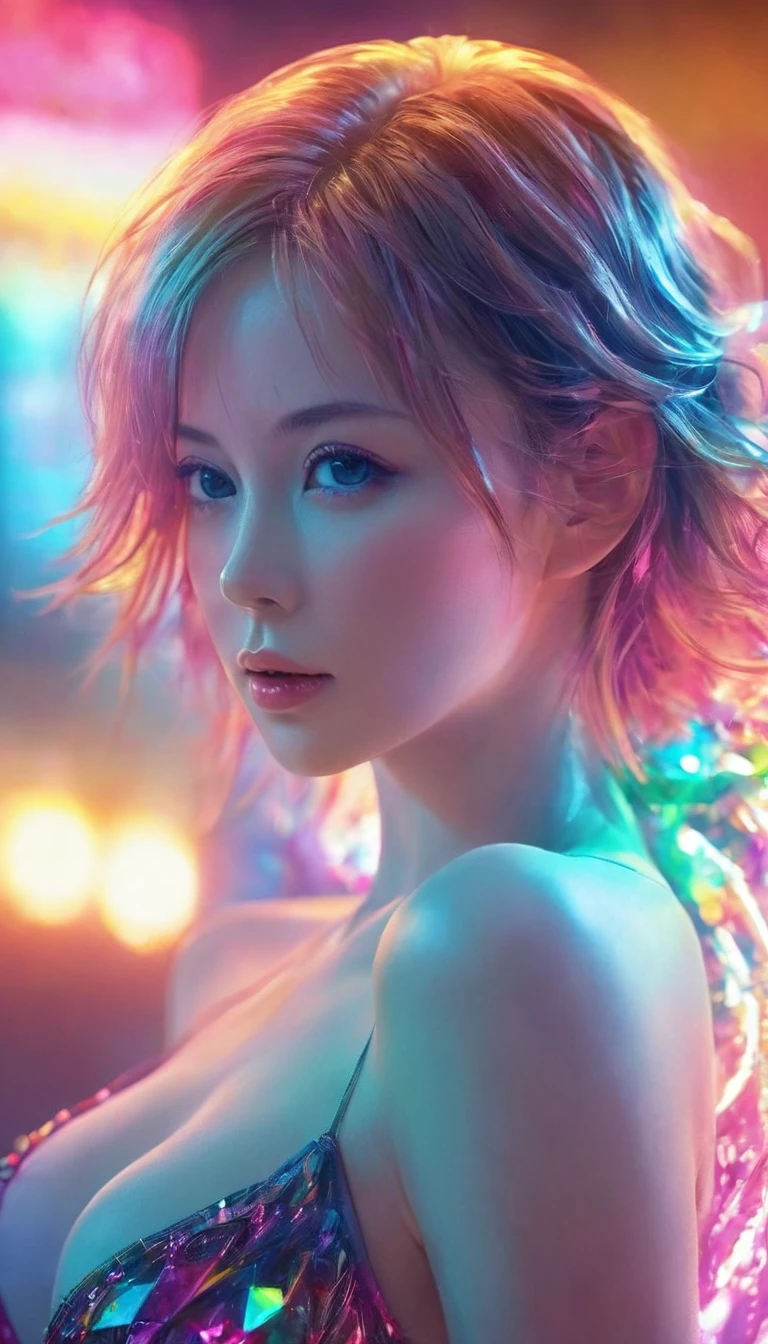 ((THE MOST BEAUTIFUL GIRL IN THE WORLD),, (AGE 14 YO), (LARGE BREASTS CAN NOT BE VIEWED BY VIEWER), (SEPARATED CLEAVAGE),(CUTE SMILE LIPS PARTIALLY OPEN SEE TEETH),Charlize Theron, Ultra detailed illustration of the silhouette of a woman, phantasmagorical figure, (((translucent skin:1.5))), (((translucent body:1.5))), neon lights, light particles, colorful, cmyk colors, backlit,