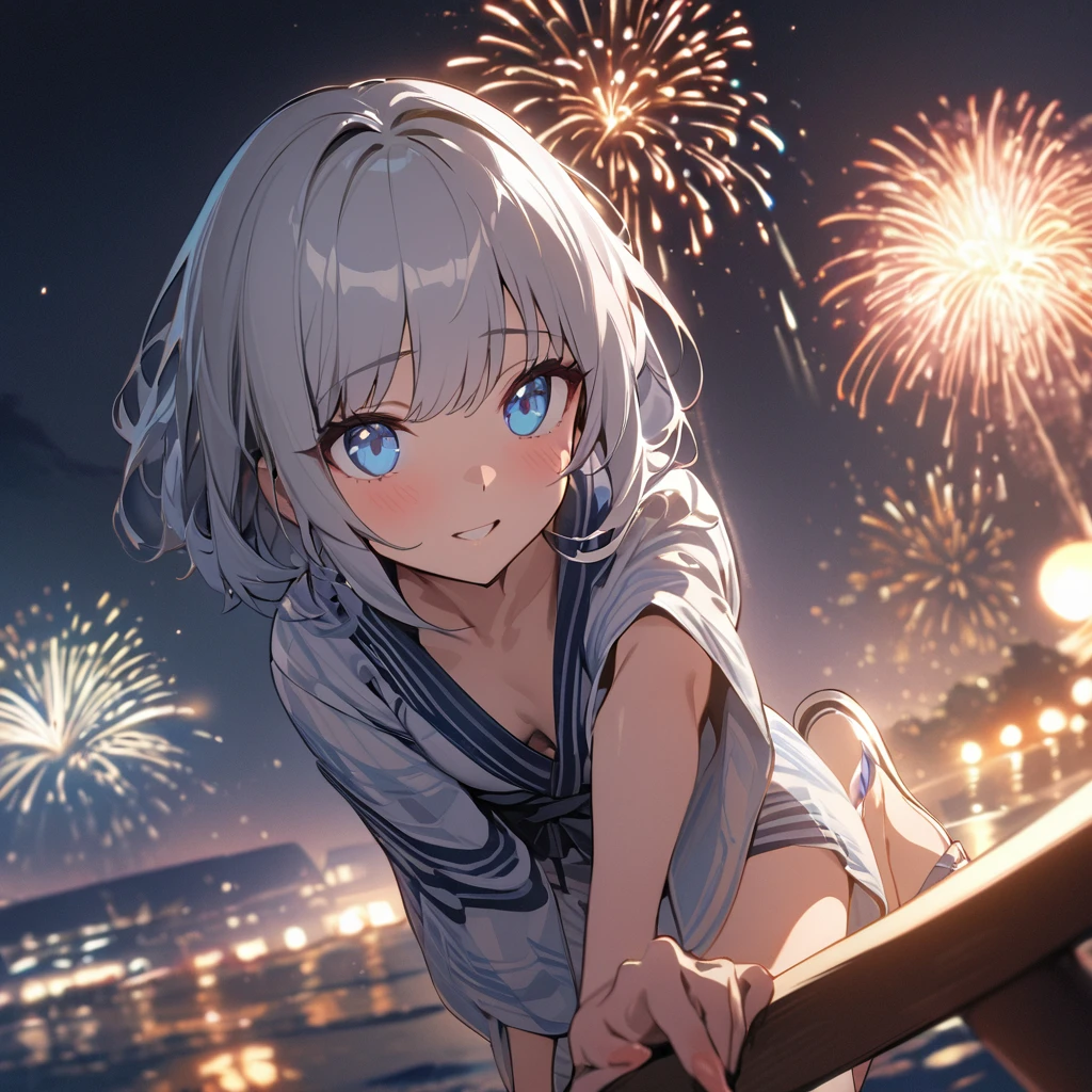 One girl、(((最high quality)), ((masterpiece)), (detailed), masterpiece, 最high quality, high quality, 超detailed, Perfect Face, ((One girl, blue eyes, Silver Bob Hair,))、Shiny Hair、Glowing Skin、yukata、Sandals、Small Breast Summer、port、firework
