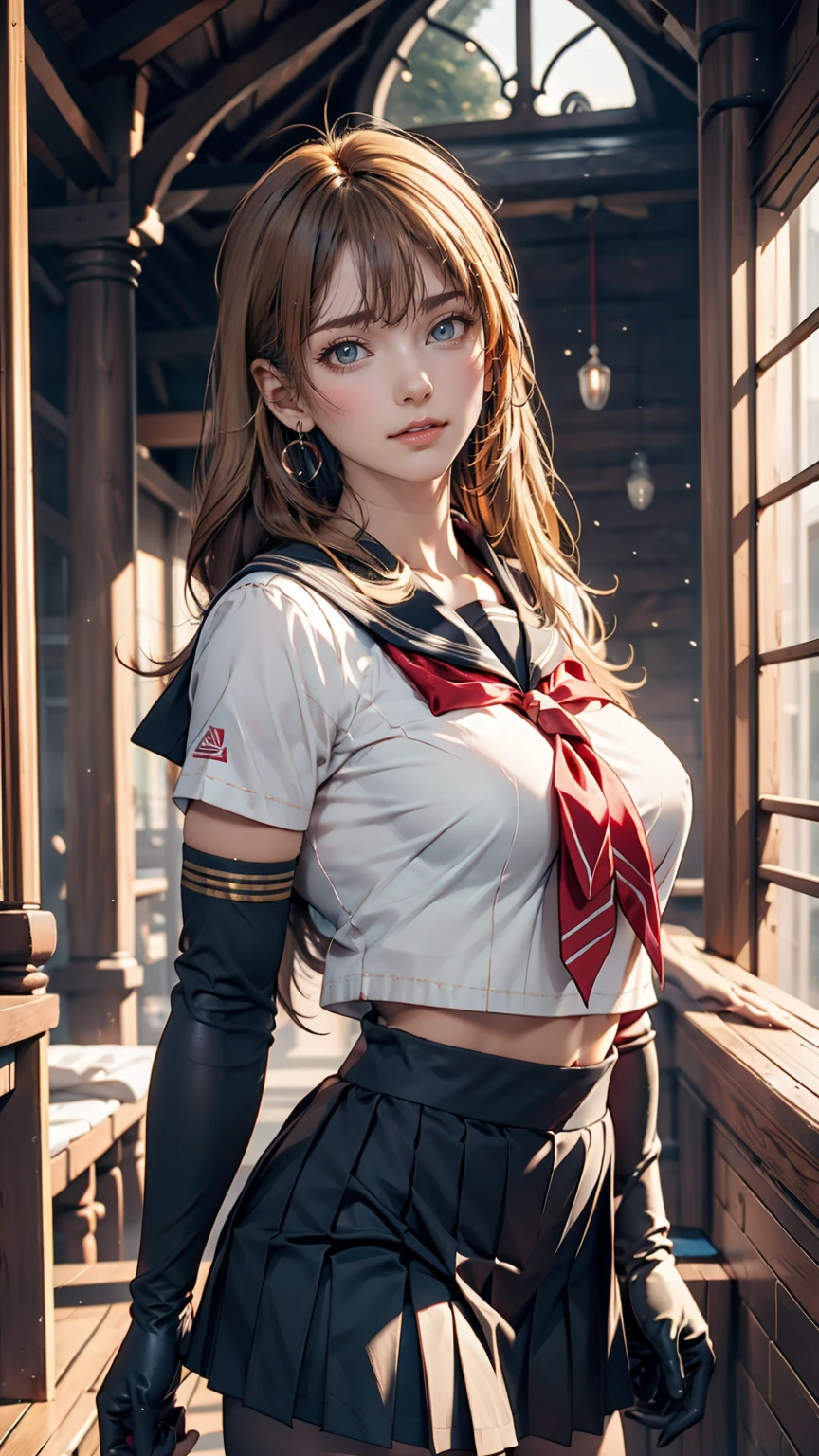 close, 1 Girl, Sailor, tsukino usagi, (Sailor chiseki uniform:1.2), (Aqua Eye:0.9), Blonde, Medium Hair, Wedge skirt, Highest quality, Earrings, masterpiece, High resolution, Intricate details, (Realistic)), photograph, (white elbow gloves:1.1), jewelry, Medium chest, whole body, Dynamic Background, Dynamic pose, white