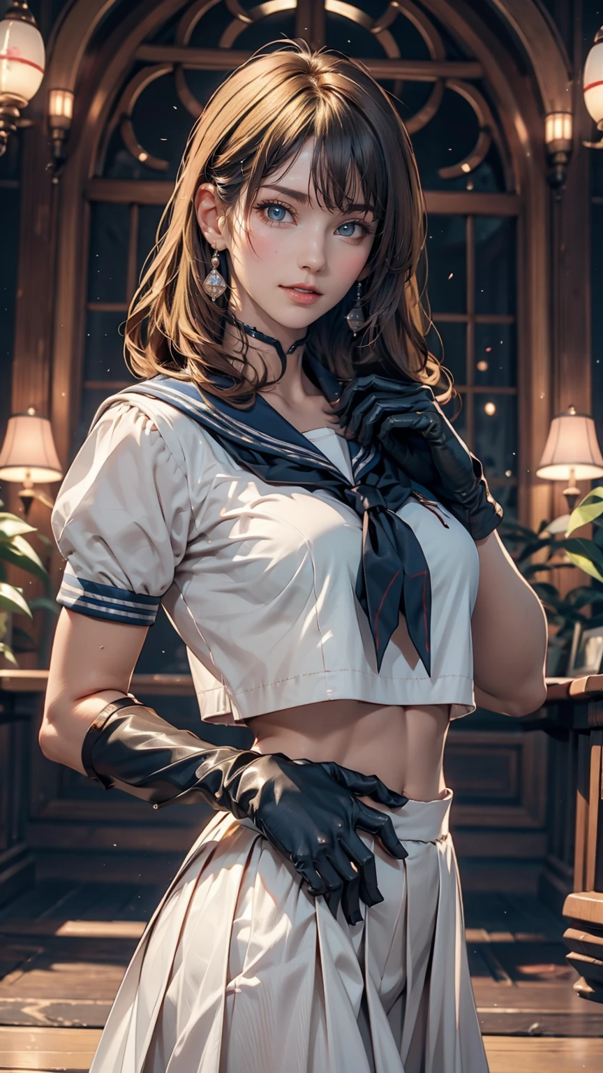 close, 1 Girl, Sailor, tsukino usagi, (Sailor chiseki uniform:1.2), (Aqua Eye:0.9), Blonde, Medium Hair, Wedge skirt, Highest quality, Earrings, masterpiece, High resolution, Intricate details, (Realistic)), photograph, (white elbow gloves:1.1), jewelry, Medium chest, whole body, Dynamic Background, Dynamic pose, white