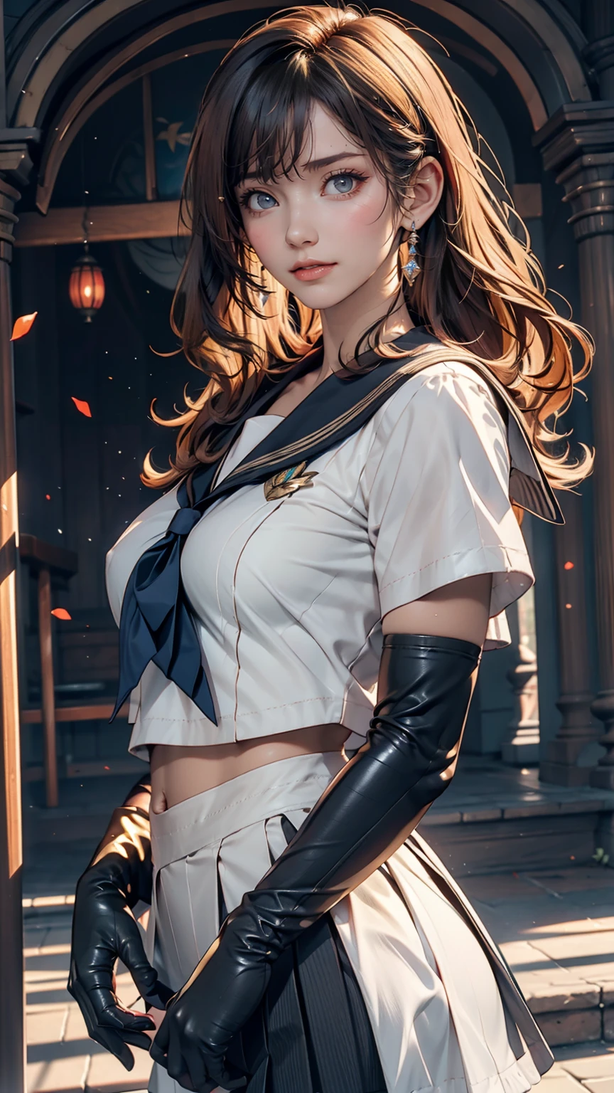 close, 1 Girl, Sailor, tsukino usagi, (Sailor chiseki uniform:1.2), (Aqua Eye:0.9), Blonde, Medium Hair, Wedge skirt, Highest quality, Earrings, masterpiece, High resolution, Intricate details, (Realistic)), photograph, (white elbow gloves:1.1), jewelry, Medium chest, whole body, Dynamic Background, Dynamic pose, white