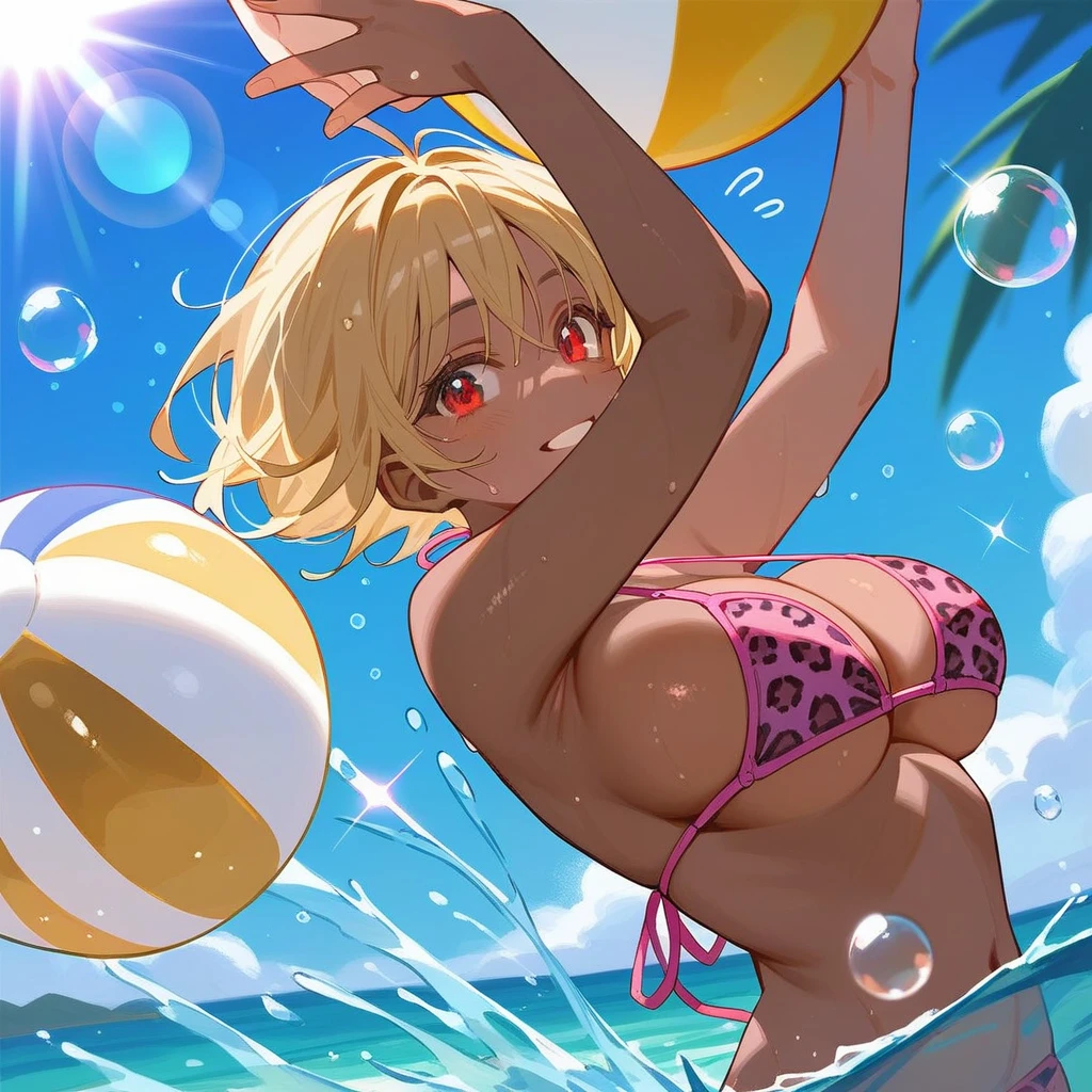 score_9, score_8_up, score_7_up, score_6_up, score_5_up, score_4_up, masterpiece, best quality, source_anime, rating_safe, from side,
1girl, standing, (arms above head:1.2), holding ball, holding beachball, arched back,
BREAK
18yo, large breasts, blonde hair, short hair, red eyes, (dark-skinned female:1.4), (gold neckless:1.5),
smile, looking at viewer, flying sweatdrops, wet, splashing, oily, bubbles,
BREAK
leopard pattern print bikini, (pink bikini:1.3),
BREAK
summer, tropical, sunlight, lens flare, sparkle, light particles, ocean, water,
