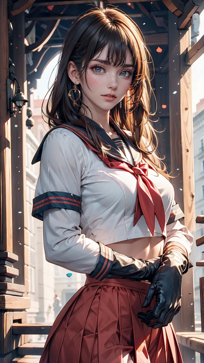 close, 1 Girl, Sailor, tsukino usagi, (Sailor chiseki uniform:1.2), (Aqua Eye:0.9), Blonde, Medium Hair, Wedge skirt, Highest quality, Earrings, masterpiece, High resolution, Intricate details, (Realistic)), photograph, (white elbow gloves:1.1), jewelry, Medium chest, whole body, Dynamic Background, Dynamic pose, white