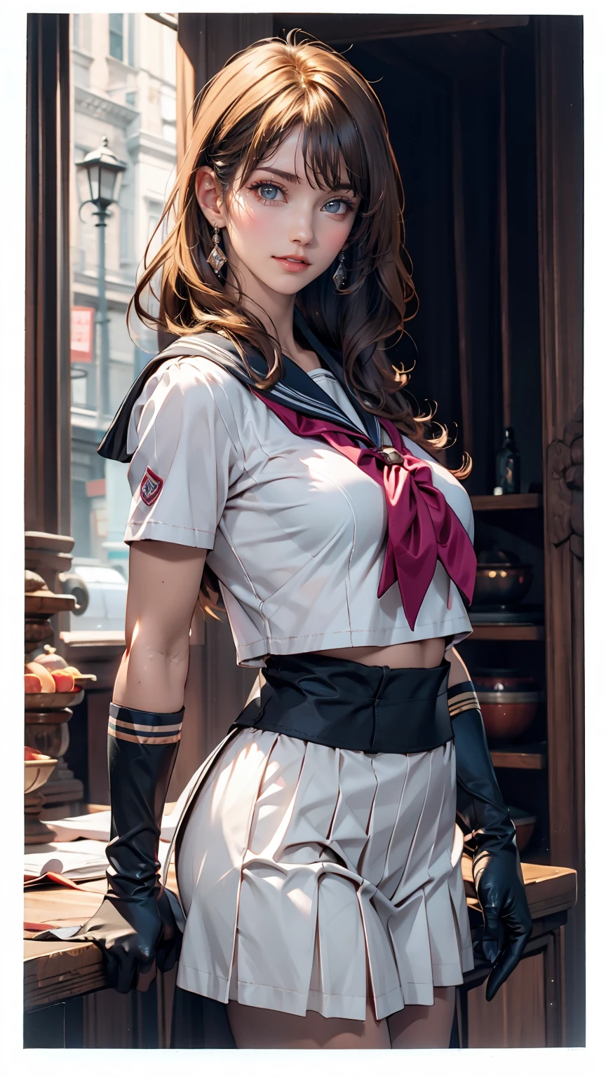 close, 1 Girl, Sailor, tsukino usagi, (Sailor chiseki uniform:1.2), (Aqua Eye:0.9), Blonde, Medium Hair, Wedge skirt, Highest quality, Earrings, masterpiece, High resolution, Intricate details, (Realistic)), photograph, (white elbow gloves:1.1), jewelry, Medium chest, whole body, Dynamic Background, Dynamic pose, white