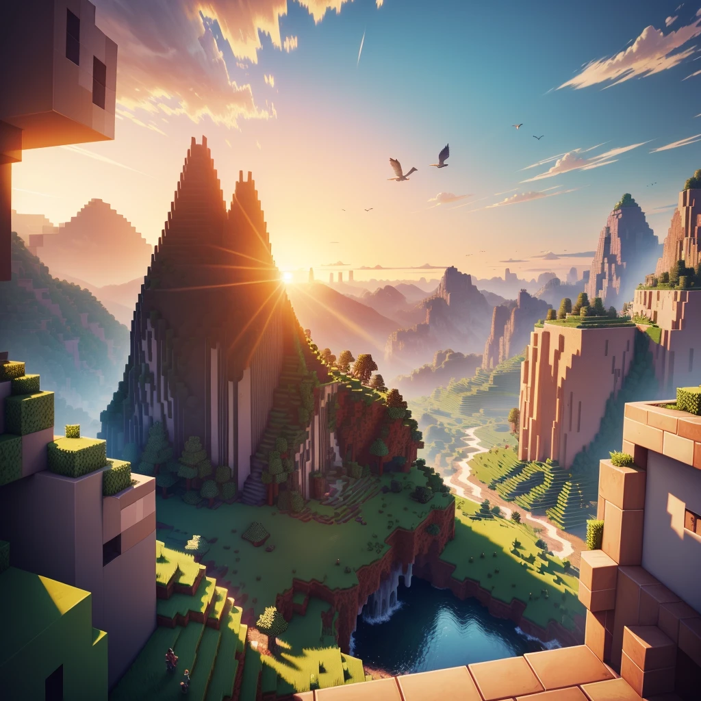 Minecraft style sunset landscape, birds, Raytracing, HD, ultra detaild, bonitas, wall-paper, minecraft style, epic background.