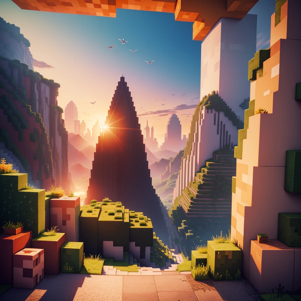 Minecraft style sunset landscape, birds, Raytracing, HD, ultra detaild, bonitas, wall-paper, minecraft style, epic background.