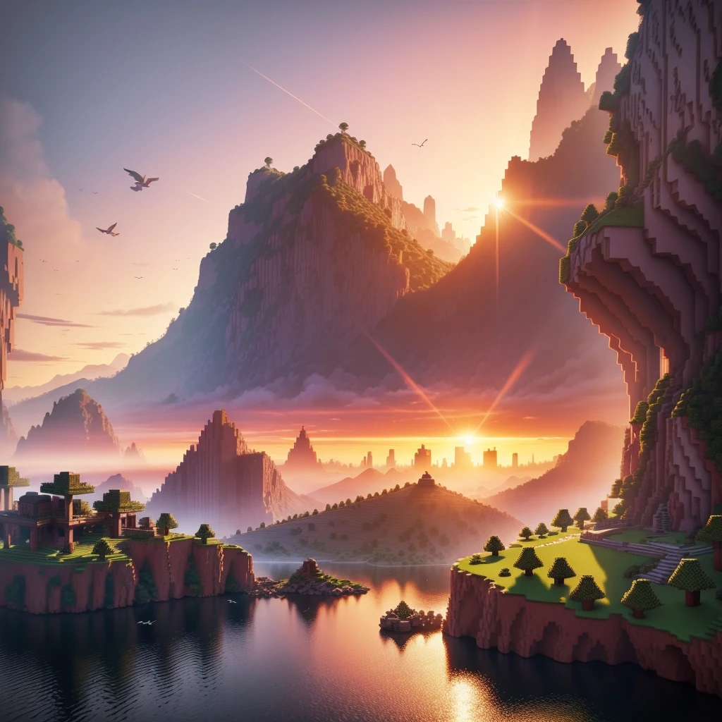 Minecraft style sunset landscape, birds, Raytracing, HD, ultra detaild, bonitas, wall-paper, minecraft style, epic background.