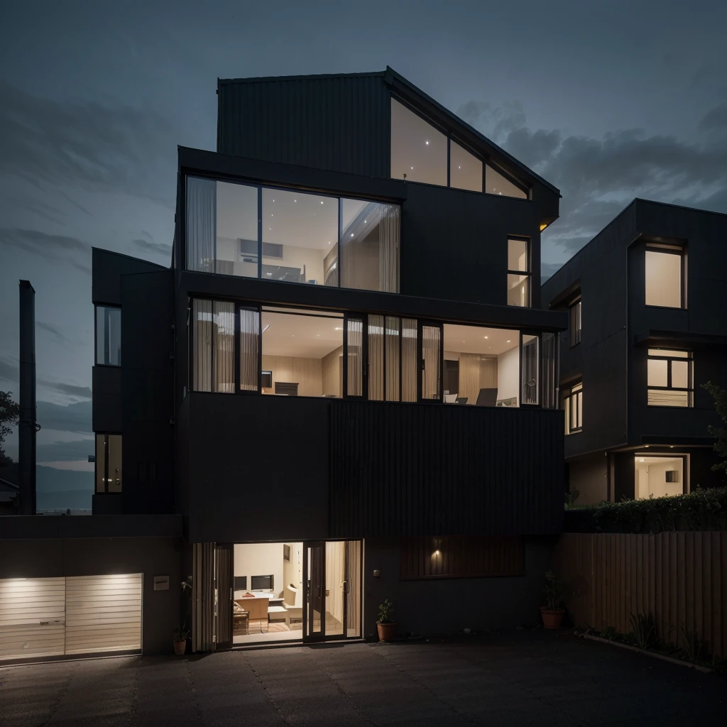 4 storeyed residential building, mordenhouse, house, glass house with a sloping roof, modern, dynamic (RAW photo, real, best quality, masterpiece:1.2), (hyper realistic, photo-realistic:1.2), high quality, (dark lighting:1.2), perfect lighting, archdaily, Perspective view of the whole building, sub-urban area